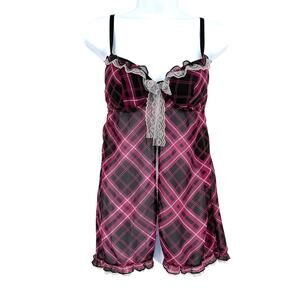 Y2K PInk Plaid Lace Babydoll Top Sz S Festival Lingerie Coquette Rampage Kawaii